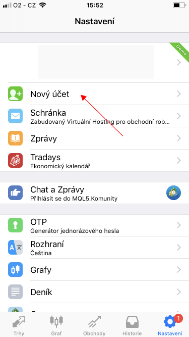 Aplikace MetaTrader (iOS) - Nový účet